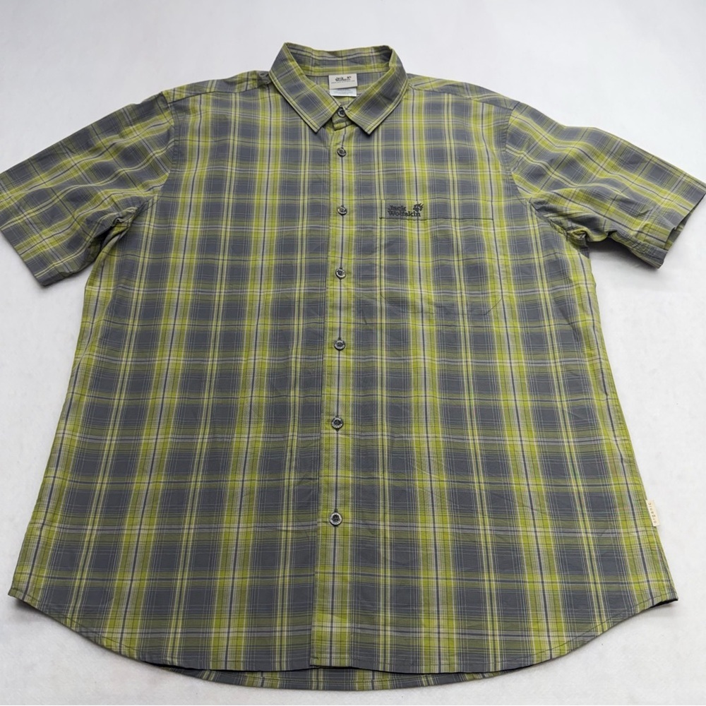 Jack Wolfskin Plaid Short Sleeve Button Down Green Shirt Men’s Size XL